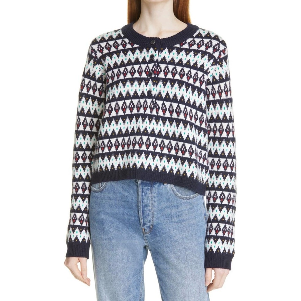 La Ligne Fair Isle Merino Wool Henley Sweater L Navy Multi Nordic Crop Button